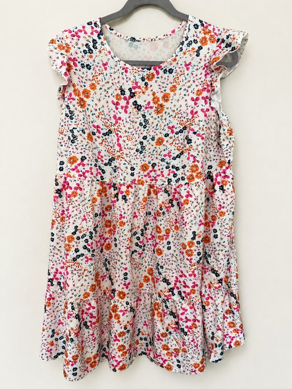 SHEIN White Floral Tiered Mini Dress Pink Orange Flutter Sleeve